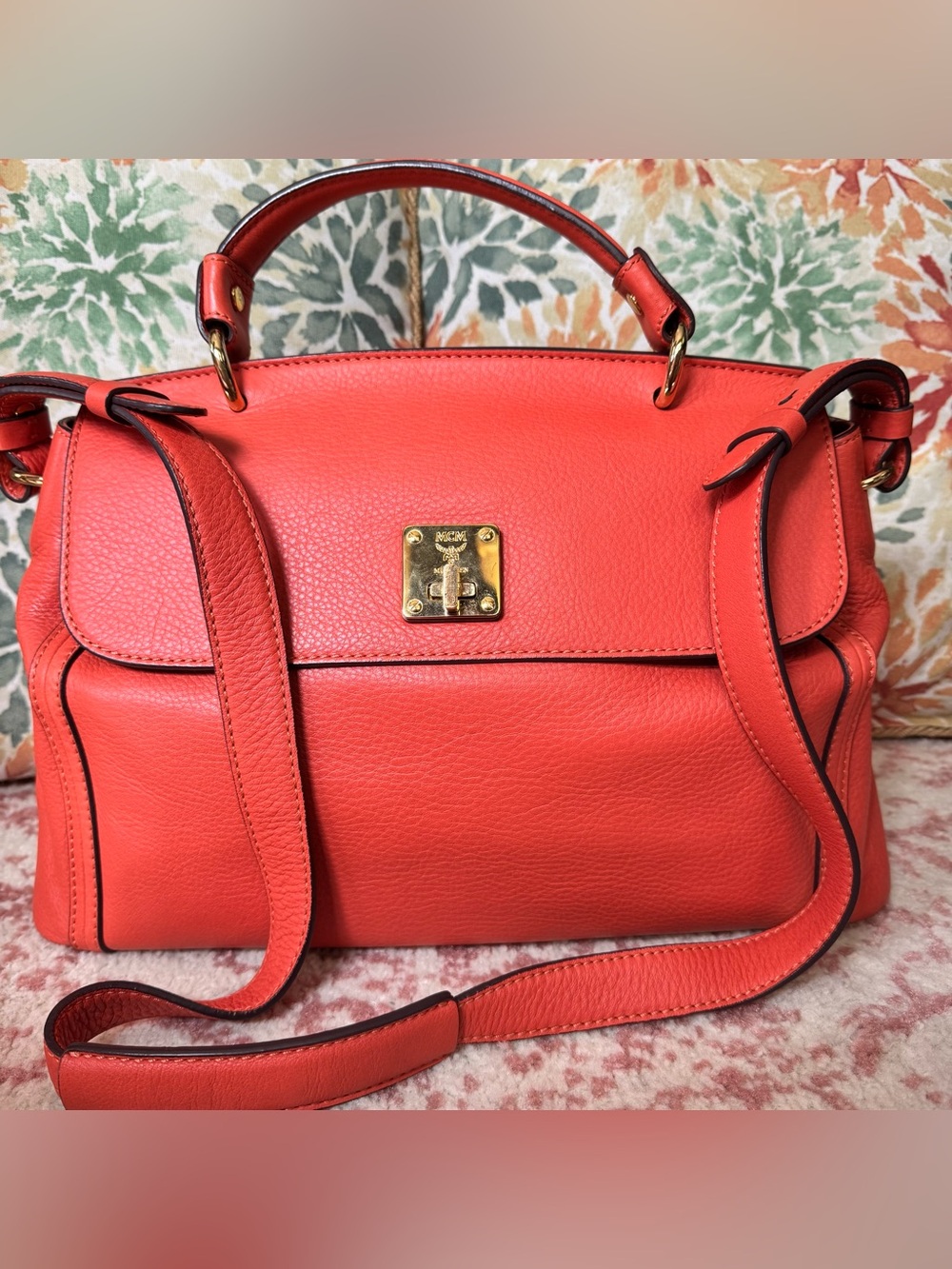 Authentic MCM Coral-Orange Leather Top-Handle Satchel with Gold Hardware